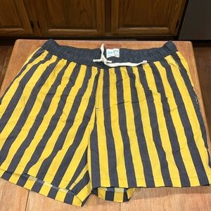 Vintage Inspired Mens Body Glove Charcoal and Yellow Striped Swim Trunks